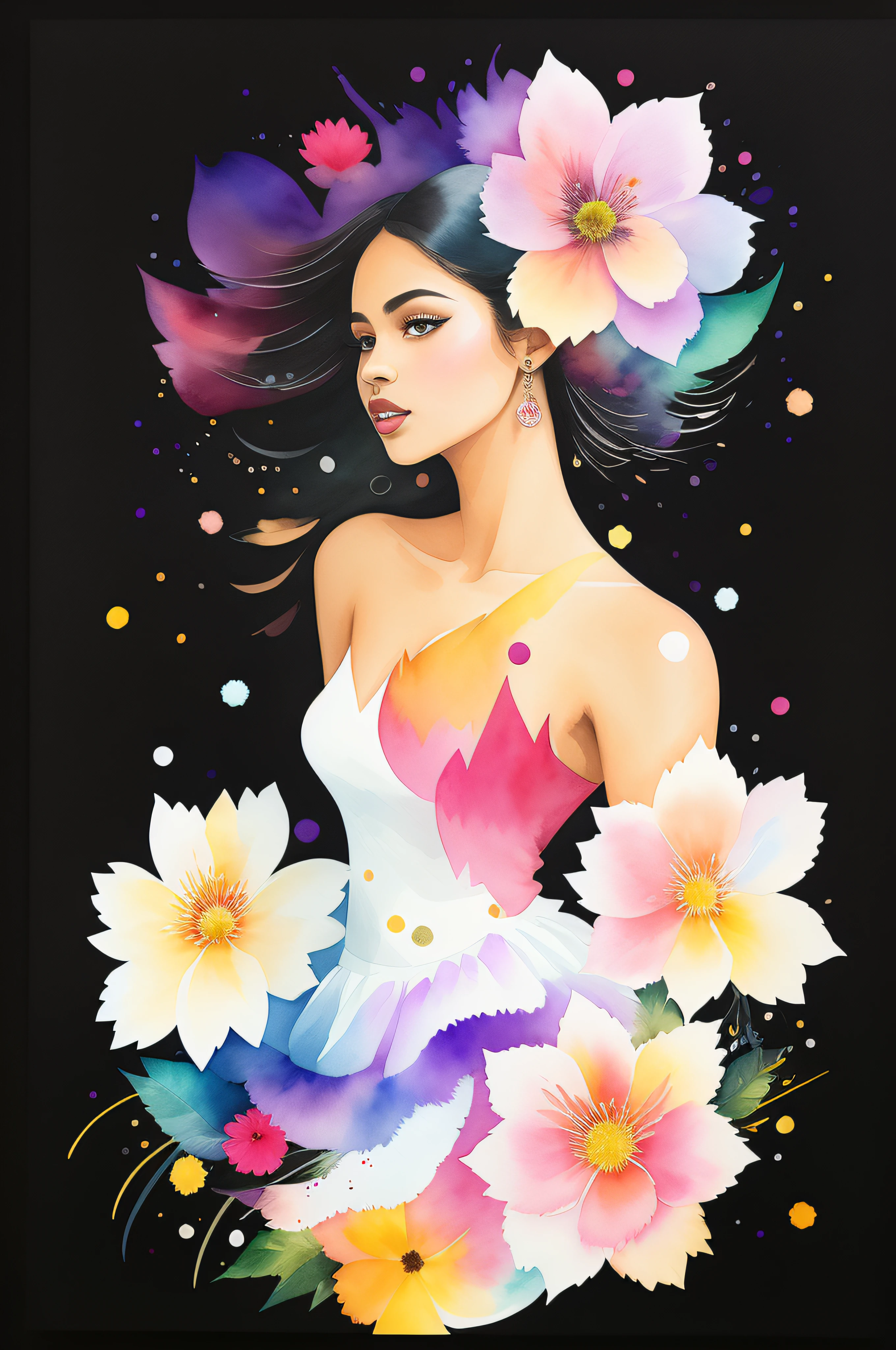 Beautiful ebony woman wearing a floral white dress, floral flying around, rainbow purple highlights, background of assorted floral, splashes of watercolor, sideview, textured, watercolor art, 12k quality, watercolor