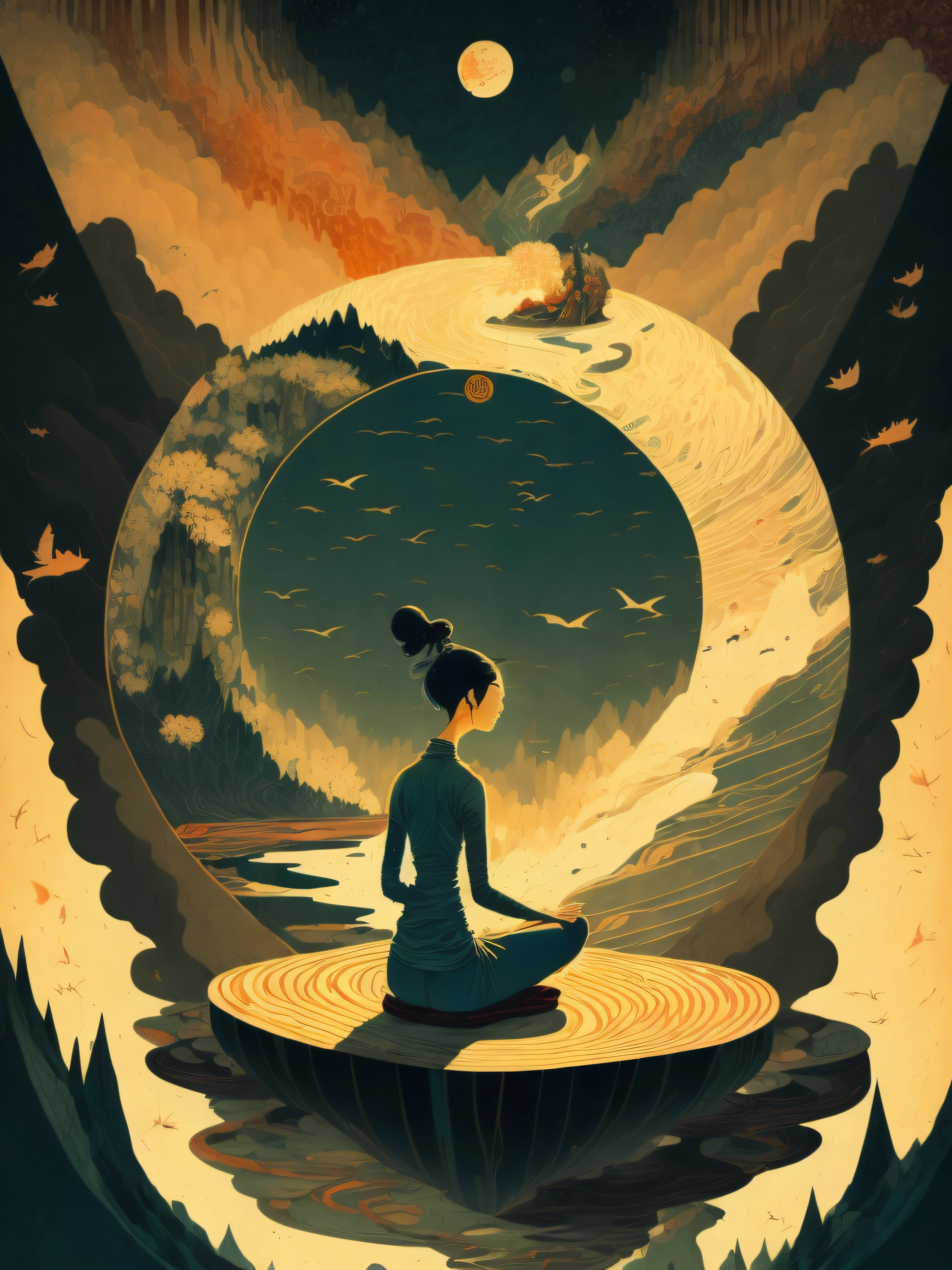 uma pintura de uma mulher meditando em frente a uma montanha com um rio correndo por Victo Ngai, minimalista