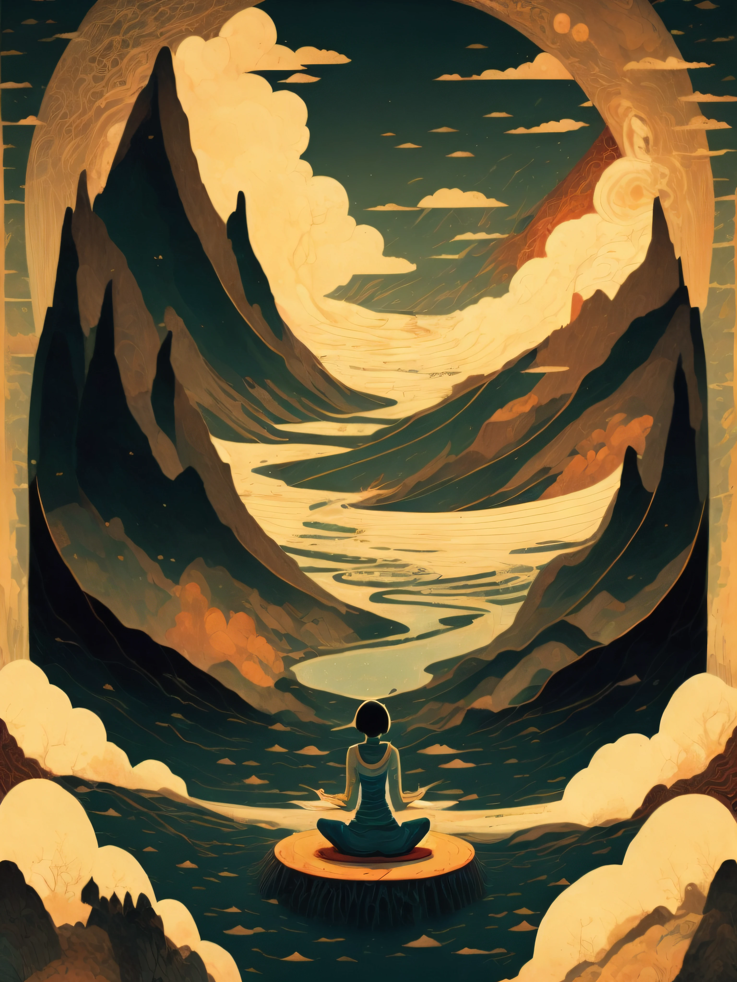 uma pintura de uma mulher meditando em frente a uma montanha com um rio correndo por Victo Ngai, minimalista, cenário simples e sem detalhes