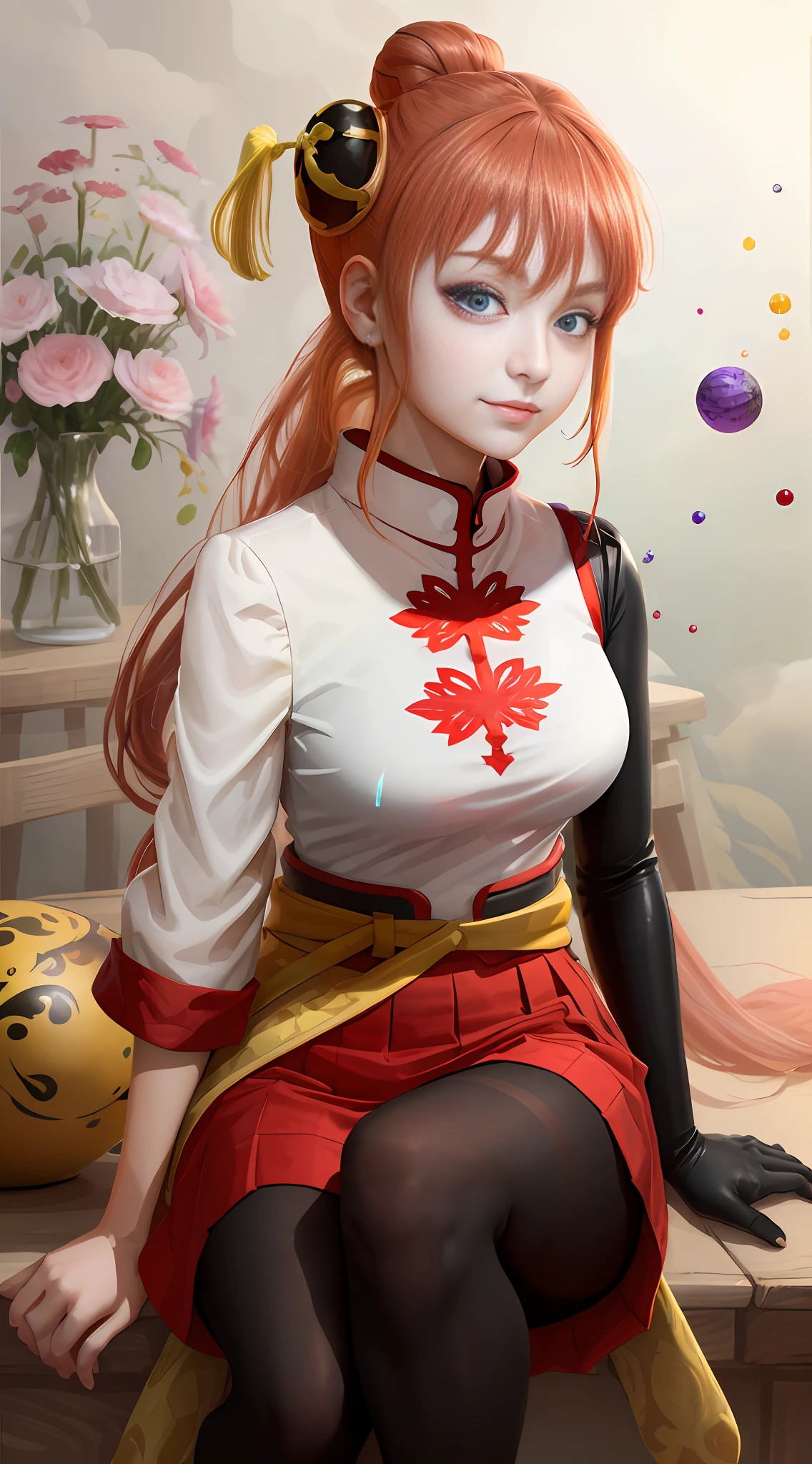 (masterpiece, best quality, beautiful, aesthetic, perfect, intricate, delicate, ultra detailed:1.2), vivid colors, colorful, bloom, kagura from gintama, happy, smile, looking at viewer, 1girl, solo, purple eyes, long hair, white earrings, red hairband, star hair ornament, (curvy:1.1), large breasts, red vest, white turtleneck, white puffy sleeves, short sleeves, red pleated skirt, (deep red pantyhose:1.2), black pantyhose, yellow belt, purple sphere shape necklace, red fingerless gloves, white short socks, red shoes,