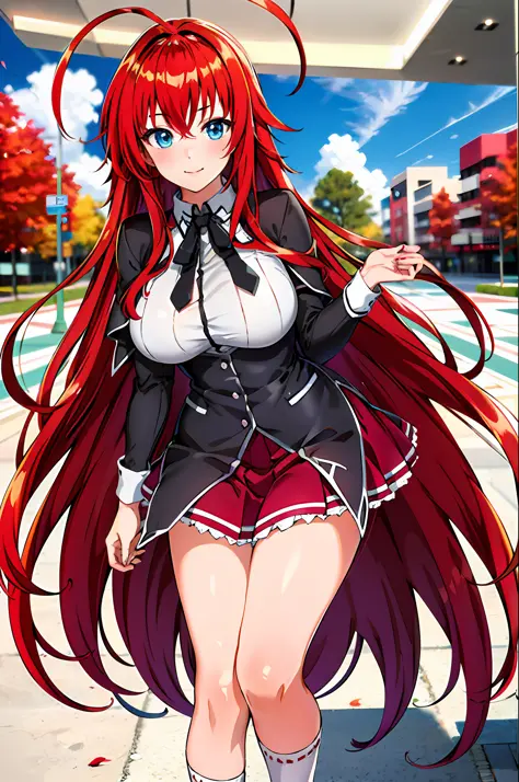 masterpiece, best quality, highres, best quality, highres, rias gremory, 1girl, long hair, school uniform, red hair, ahoge, blue...