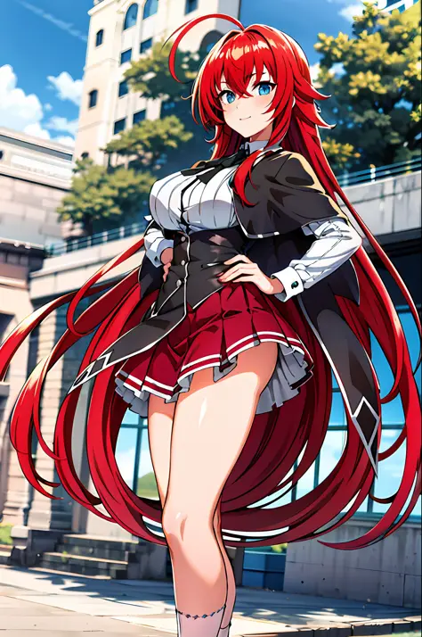 masterpiece, best quality, highres, best quality, highres, rias gremory, 1girl, long hair, school uniform, red hair, ahoge, blue...