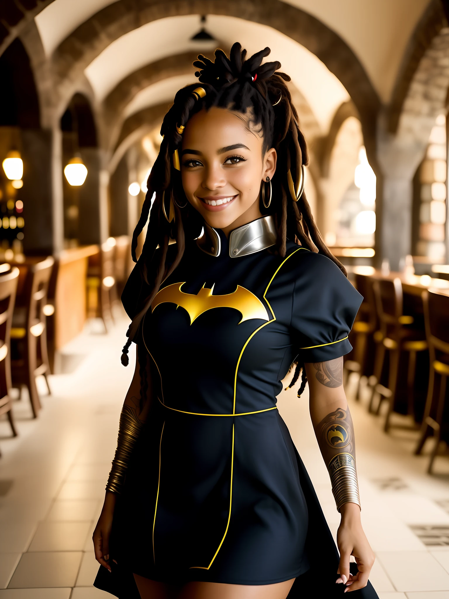 uma foto de retrato de uma menina negra, sorrindo, tatuagem, dreads azuis, (vestido amadura)++++, vestido armadura do Batman, pronounced female feature, detalhes insanos, detalhes intrincados, hiperdetalhado, fundo complexo, taverna medieval, interior