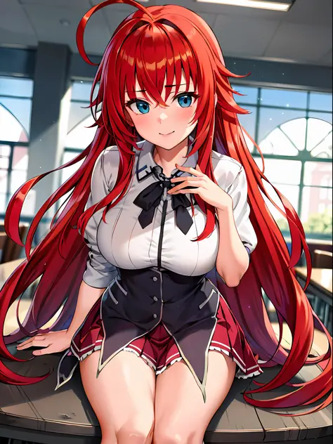 masterpiece, best quality, highres, best quality, highres, rias gremory, 1girl, long hair, school uniform, red hair, ahoge, blue eyes, large breasts, long hair, breasts, skirt, ahoge, high ponytail, short sleeves, white shirt, collared shirt, socks,