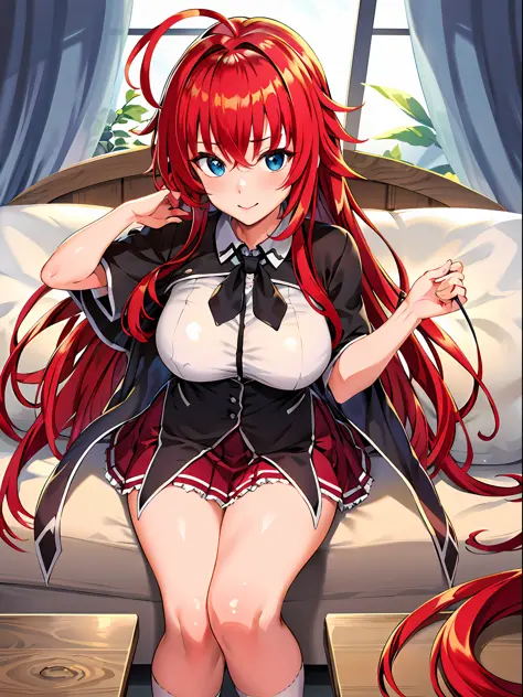 masterpiece, best quality, highres, best quality, highres, rias gremory, 1girl, long hair, school uniform, red hair, ahoge, blue eyes, large breasts, long hair, breasts, skirt, ahoge, high ponytail, short sleeves, white shirt, collared shirt, socks,