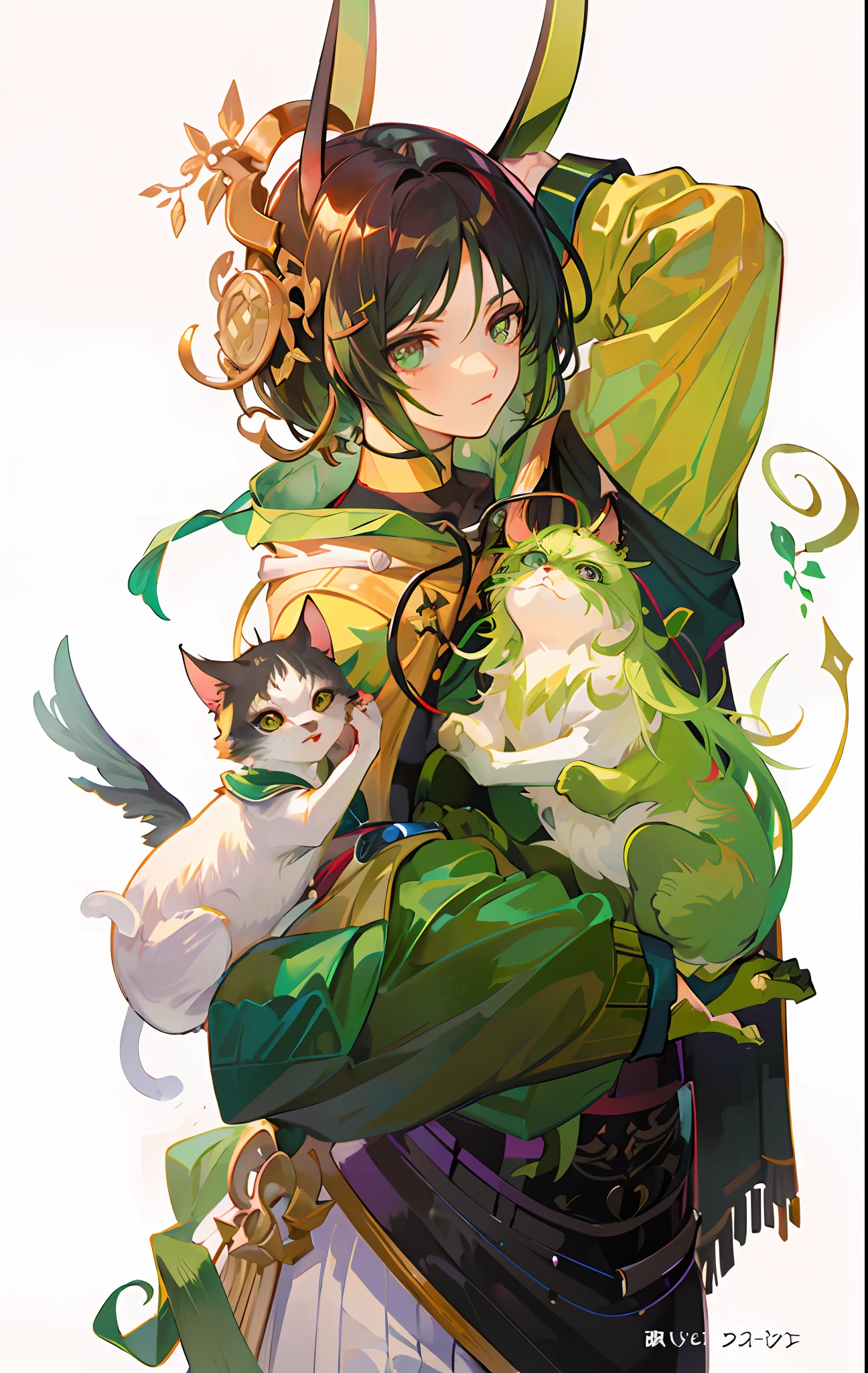 Personnage d&#39;anime avec cornes et robe verte tenant un chat, beau mec dans l&#39;art du tueur de démons, Fanart de Rui Demon Slayer, inspiré d&#39;Okumura Masanobu, beau prince androgyne, peau de couleur verte!!, avec un manteau vert, J&#39;étais le point, réalisé avec le studio de peintre d&#39;anime, le romantisme gisait, auteur：Shitao, porter un manteau vert