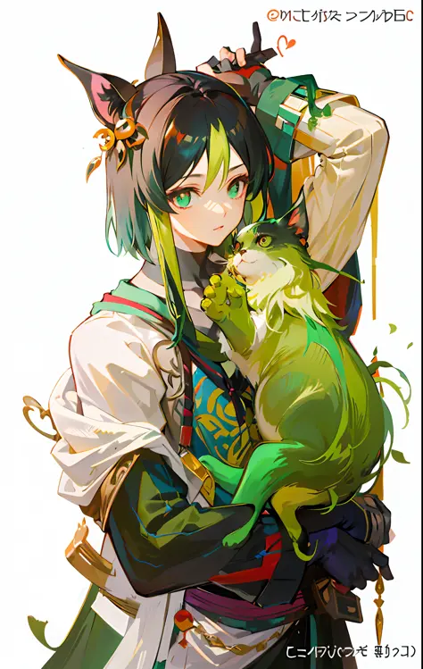 Anime character with horns and green dress holding a cat, handsome guy in demon killer art, demon slayer rui fanart, inspirado e...