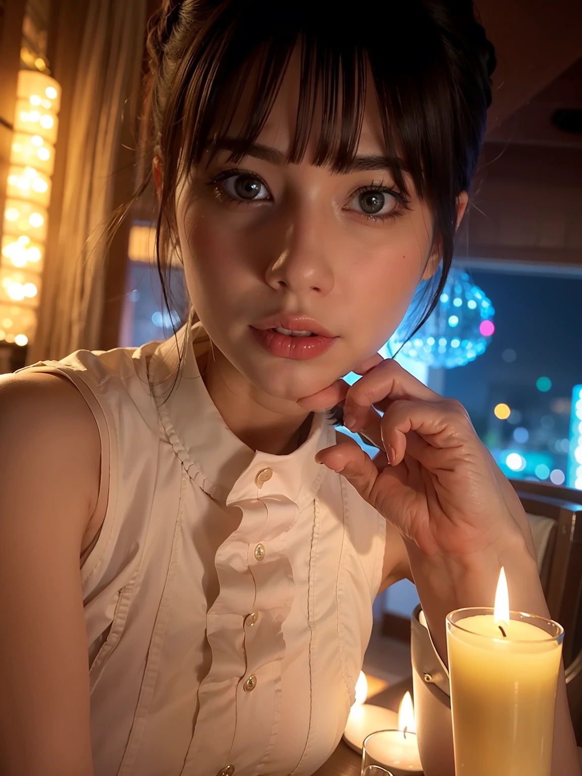 There was a woman sitting at a table with a candle, 8K Artgerm bokeh, Ilya Kuvshinov. 4 k'', 8k selfie photograph, Realistic anime 3 D style, [ 4 K digital art ]!!, Soft portrait shot 8 K, [ 4 K photorealism ]!!, Photorealistic anime, Rendu portrait 8k