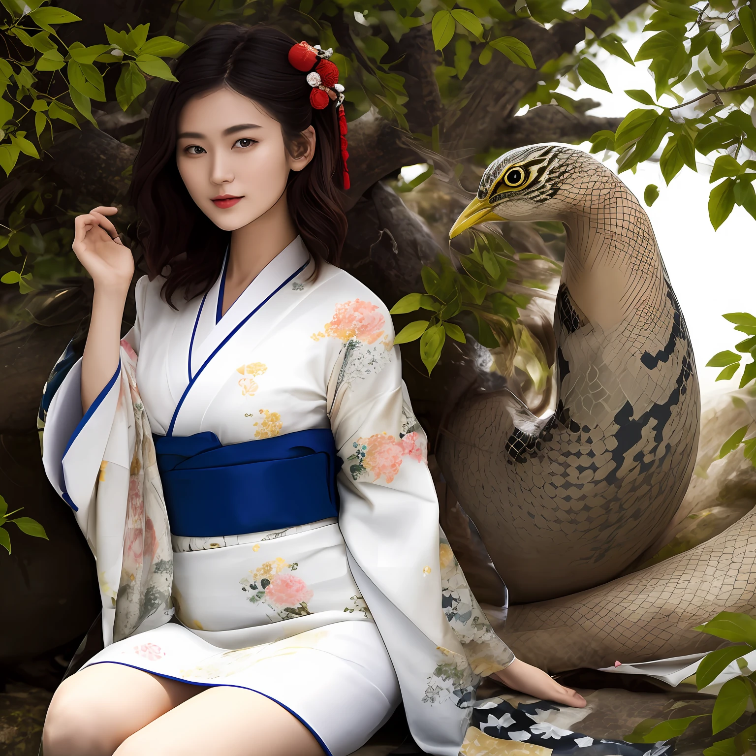 photoréalisme、en été, L&#39;arbre々Sur fond de lumière du soleil entre les deux、Images de magazines de mode transparentes、Jeune femme japonaise en kimono blanc très fin à motif oiseau et serpent, Décrit une jeune fille japonaise portant un kimono avec le motif d&#39;oiseau et de bois de Hokusai sur une robe translucide en dentelle ou en tissu maillé.. Alors que la lumière du soleil brille à travers le tissu du kimono, Il crée des ombres et des motifs dynamiques qui semblent serpenter autour du corps et des jambes de la fille., En réfléchissant à ses désirs et passions intérieures en tant que . C&#39;est、Encourager l’expérimentation pour créer la mode en tant que système interactif