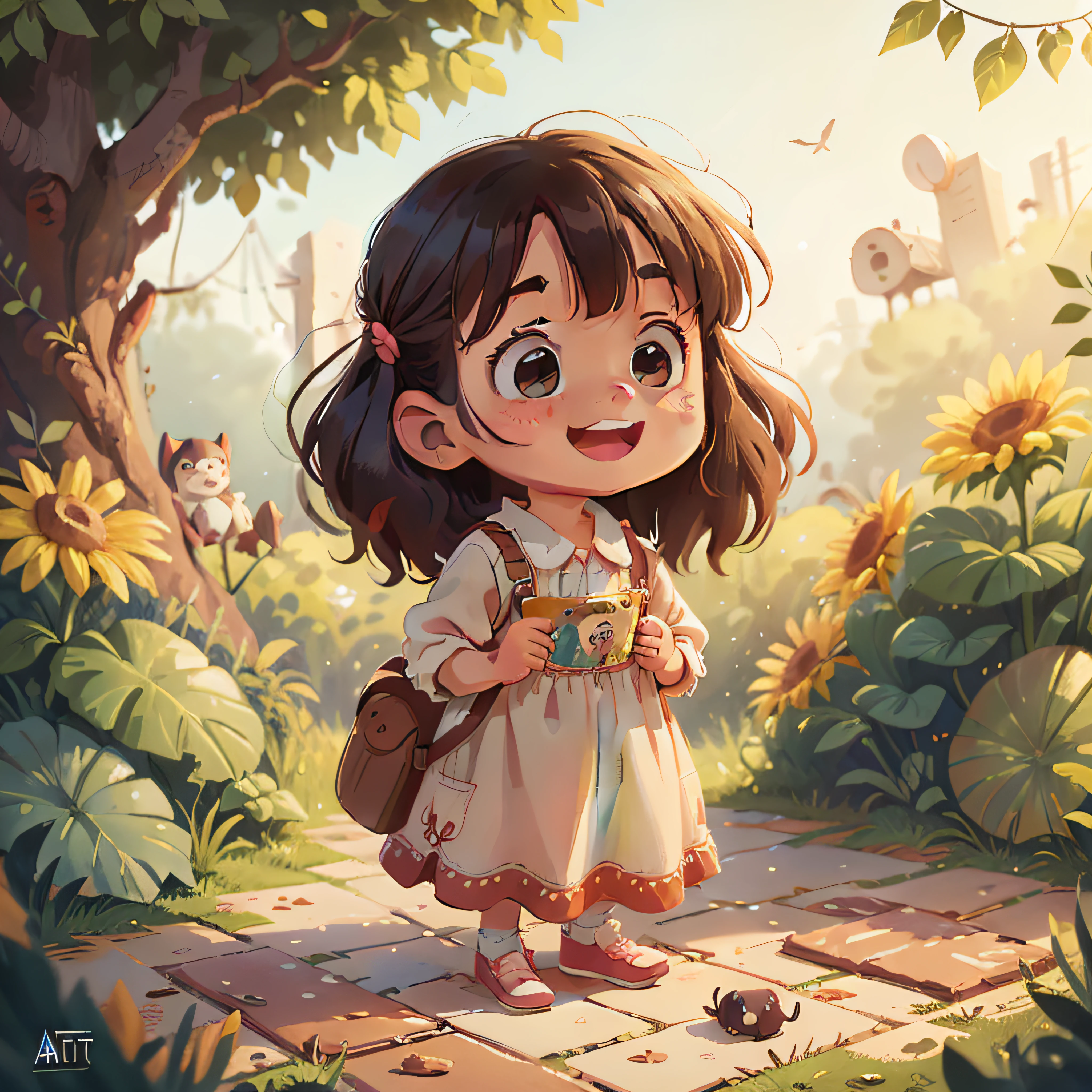 A cartoon girl standing on a brick path in a garden - SeaArt AI