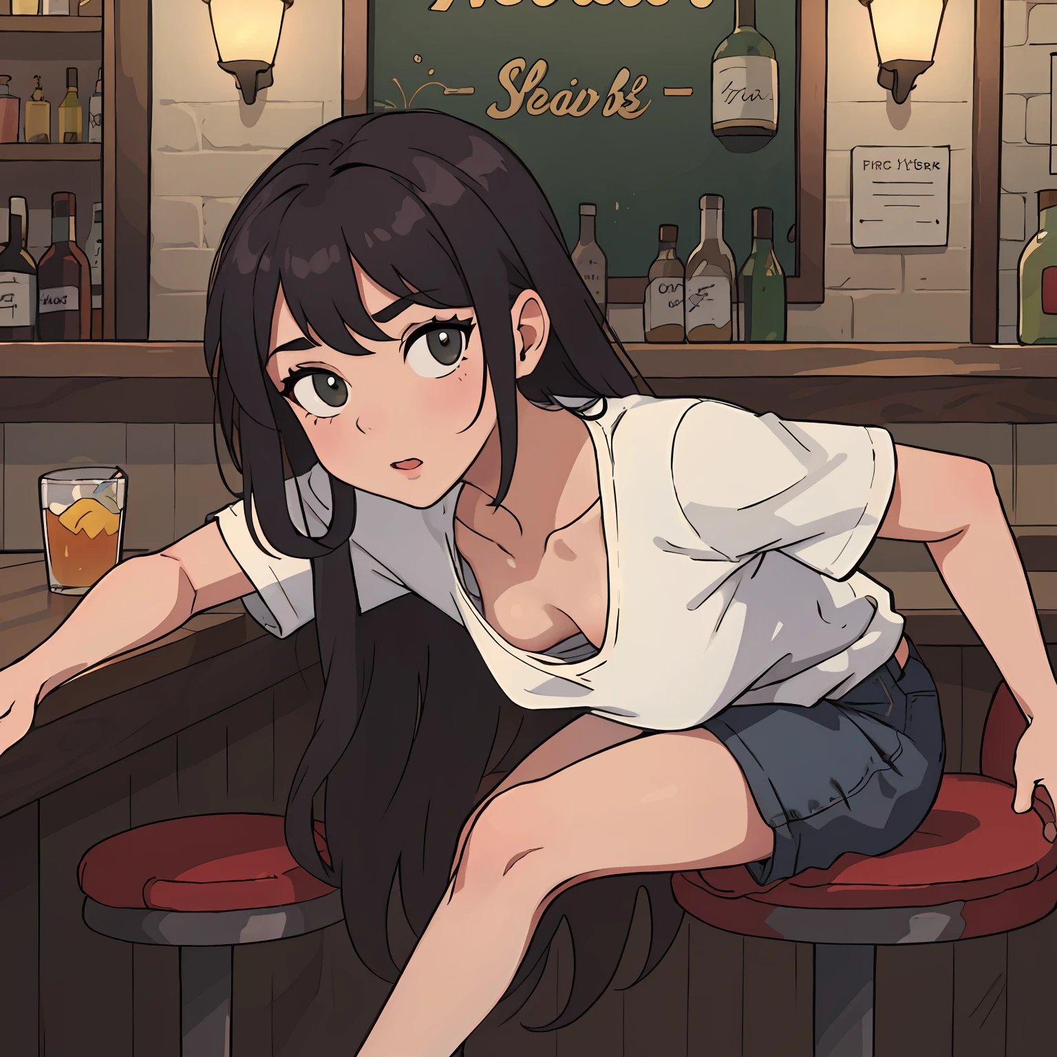 (masterpiece:1.2, best quality), (highly detailed:1.3), 1girl, long hair, loose t-shirt, leaning forward, medium breasts, nipple, sitting in bar, drunk, evening, extended downblouse,