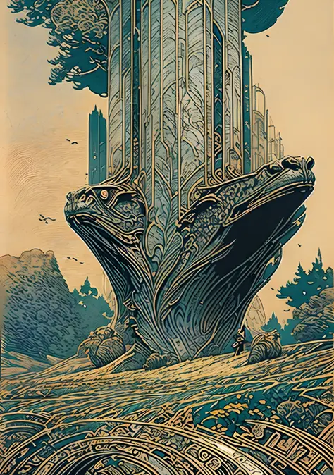 a poster of a man standing on a stairway leading to a giant structure, fractal thunder dan mumford, sci-fi digital art illustrat...