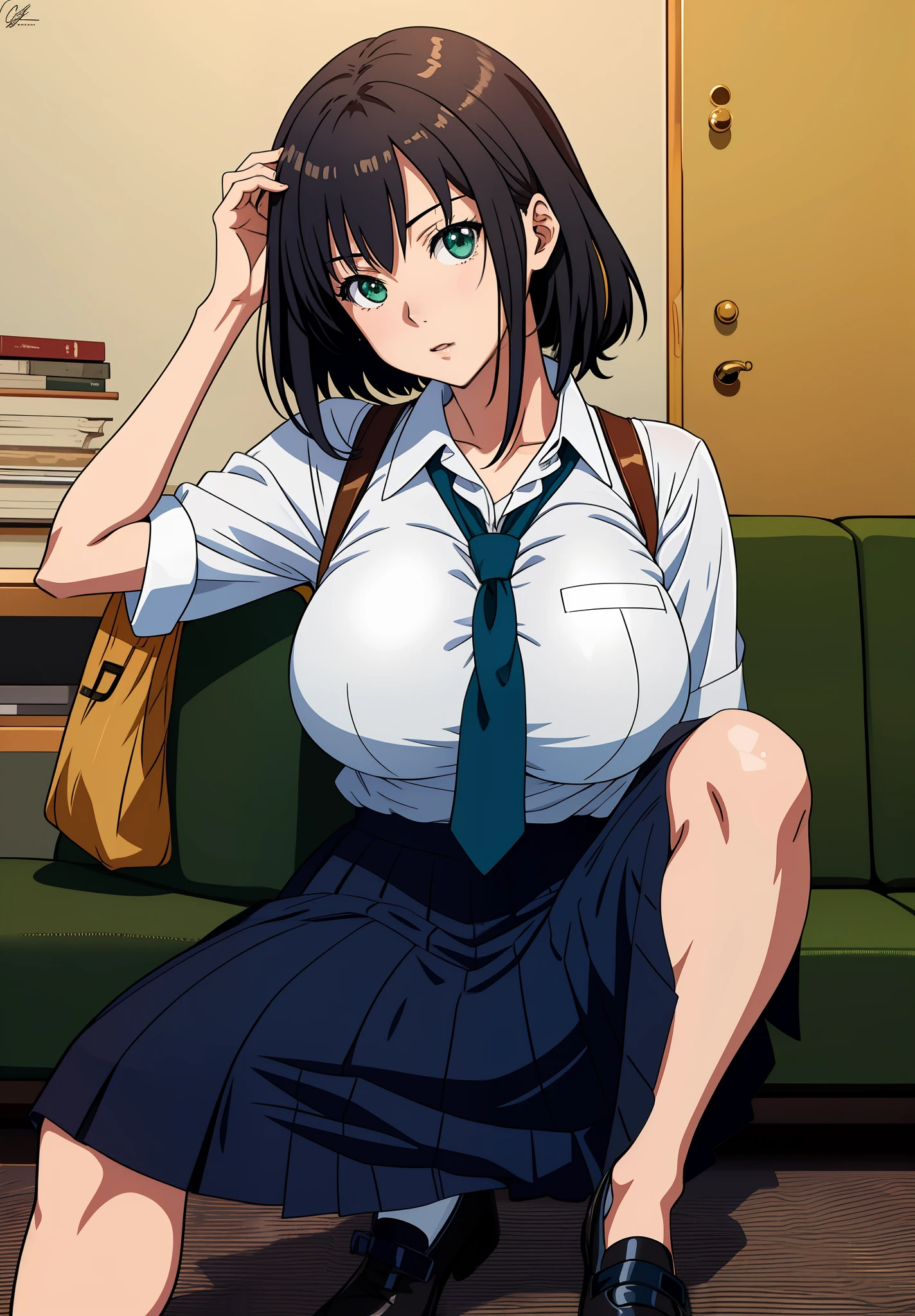 anime girl with big breast sitting on a green couch, oppai, realistic schoolgirl, fubuki, ecchi, shoujo, seductive anime girl, a hyperrealistic schoolgirl, hyperrealistic , school girl, ecchi anime style, the anime girl is crouching,