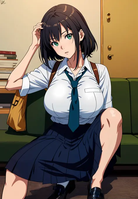 anime girl with big breast sitting on a green couch, oppai, realistic schoolgirl, fubuki, ecchi, shoujo, seductive anime girl, a...
