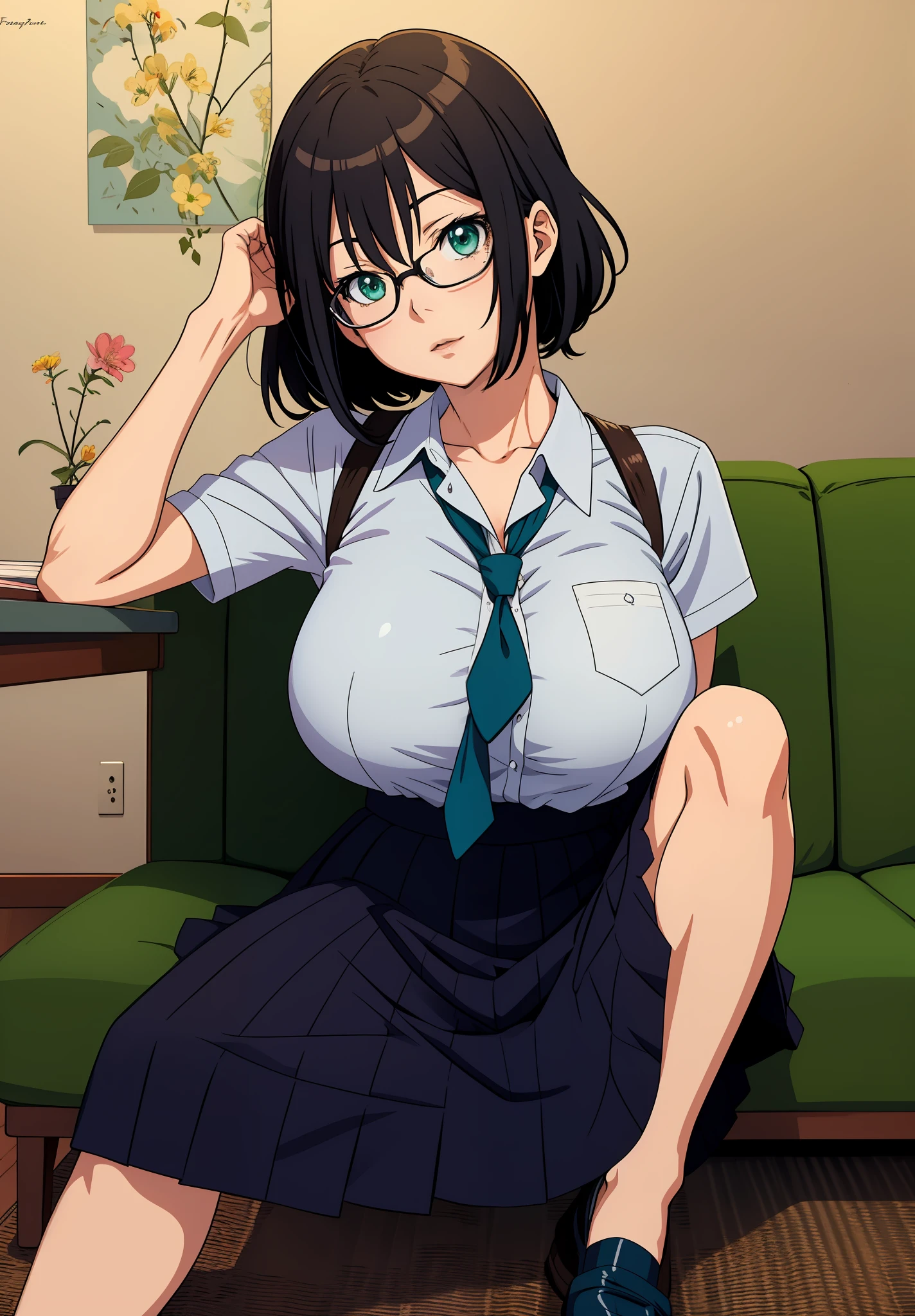 anime girl avec de gros seins assis sur un canapé vert, oppaï, écolière réaliste, Fubuki, ecchi, shôjo, fille anime séduisante, a hyperréaliste schoolgirl, hyperréaliste , écolière, style anime ecchi, la fille animée est accroupie,