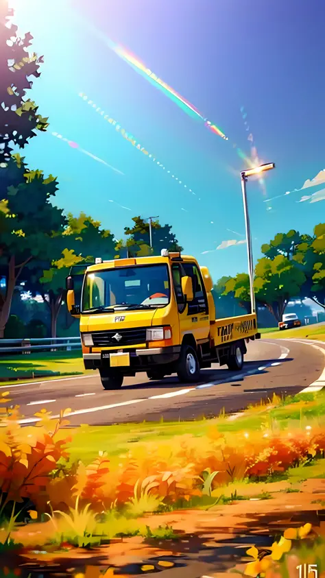 There is a yellow truck driving on the road，A yellow taxi, 1 0 8 0 p, 1080p, jinyiwei, half - turn, 8K H 768, 1 5 0 4, a super-s...