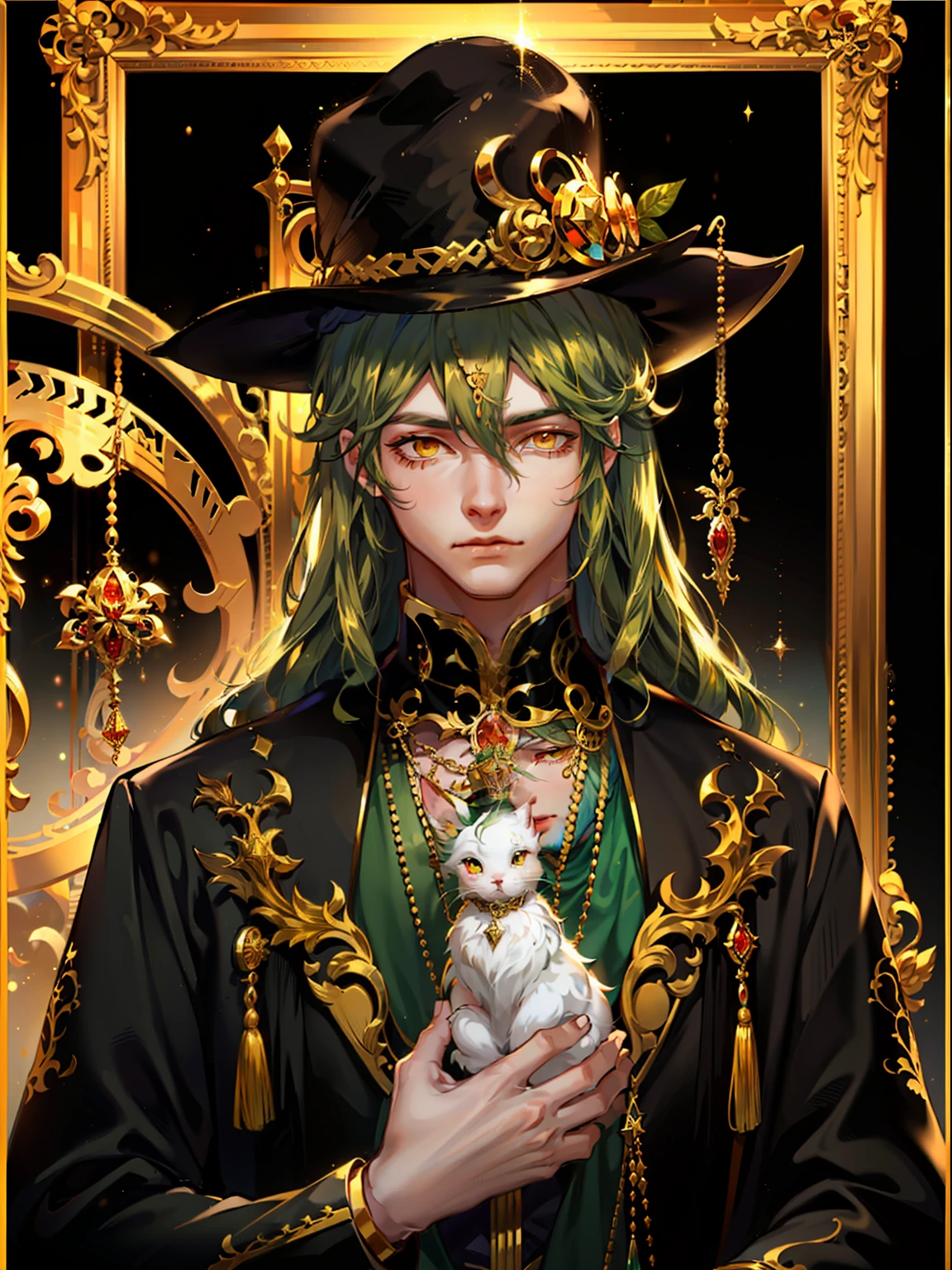1 male, green hair, orange eyes, robe, adult male, gold frame, jewelry, black hat, black robe, holding a rabbit, stylish_style2