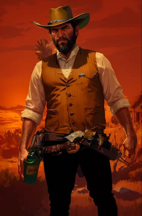 r3dd34dstyle, digital portrait, arthur morgan, (big beard:1.2), striped green vest, white shirt, cowboy hat, sad, red background