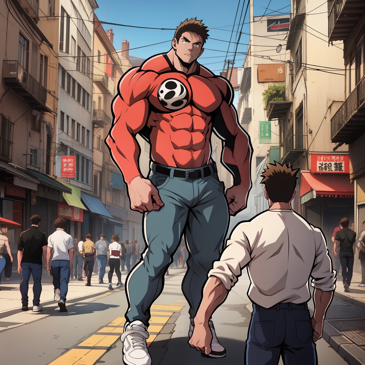 (((动漫风格艺术))), ((艺术作品)) 肌肉发达的男性角色, 健美运动员的身体, 穿着一件黑色袖子的红色衬衫, 穿着一条灰色的裤子, 穿着白色运动鞋, 宣传角色的海报, 城市环境中的艺术品, 有汽车的繁忙城市, 人们, 城市中心, 英雄人物, 海报.