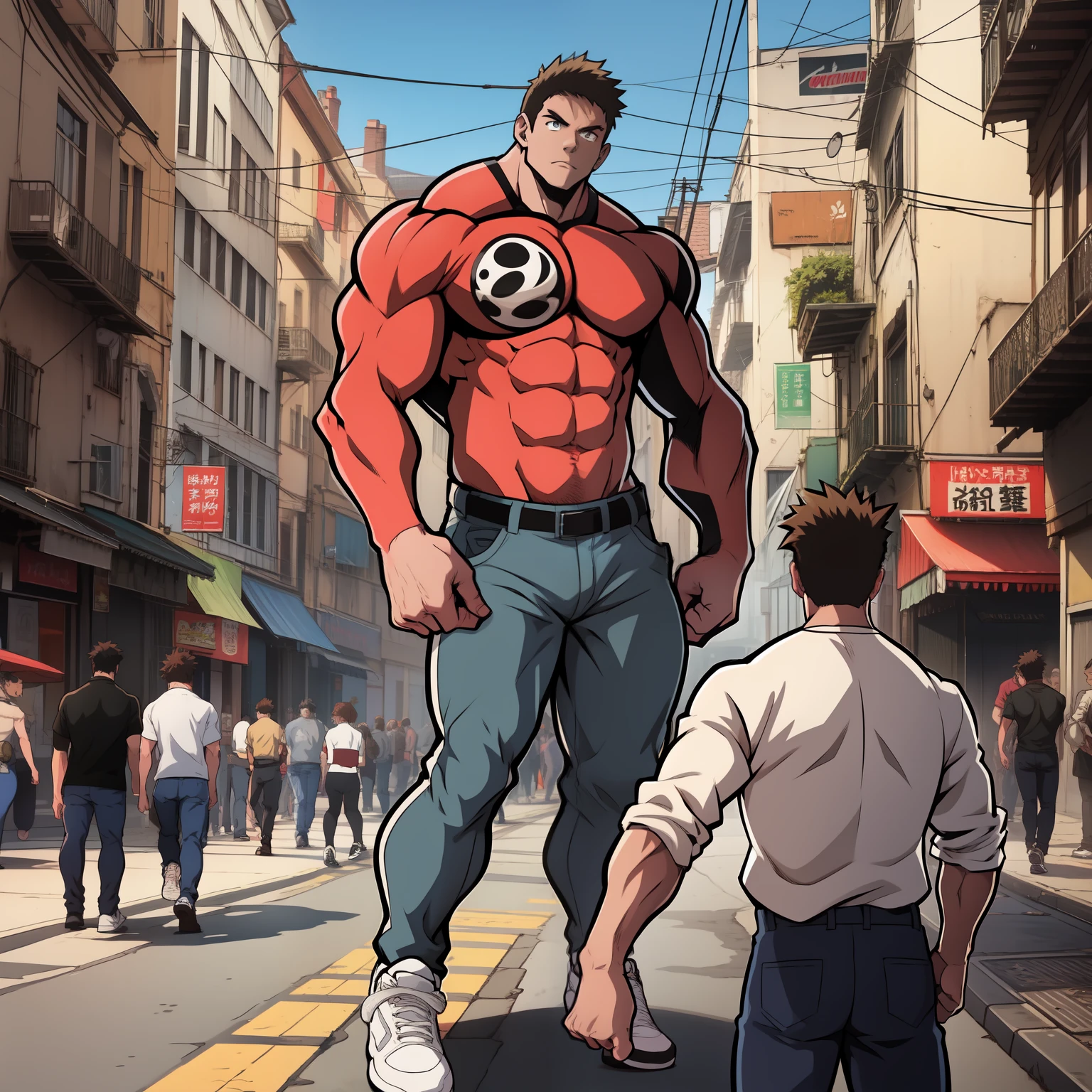 (((art de style animé))), ((travail artistique)) Caractère masculin musclé, corps de bodybuilder, portant un chemisier rouge à manches noires, porter un pantalon gris, porter des baskets blanches, Affiche pour promouvoir le personnage, Œuvre d’art en milieu urbain, ville animée avec des voitures, personnes, centre ville, personnage héroïque, affiche.