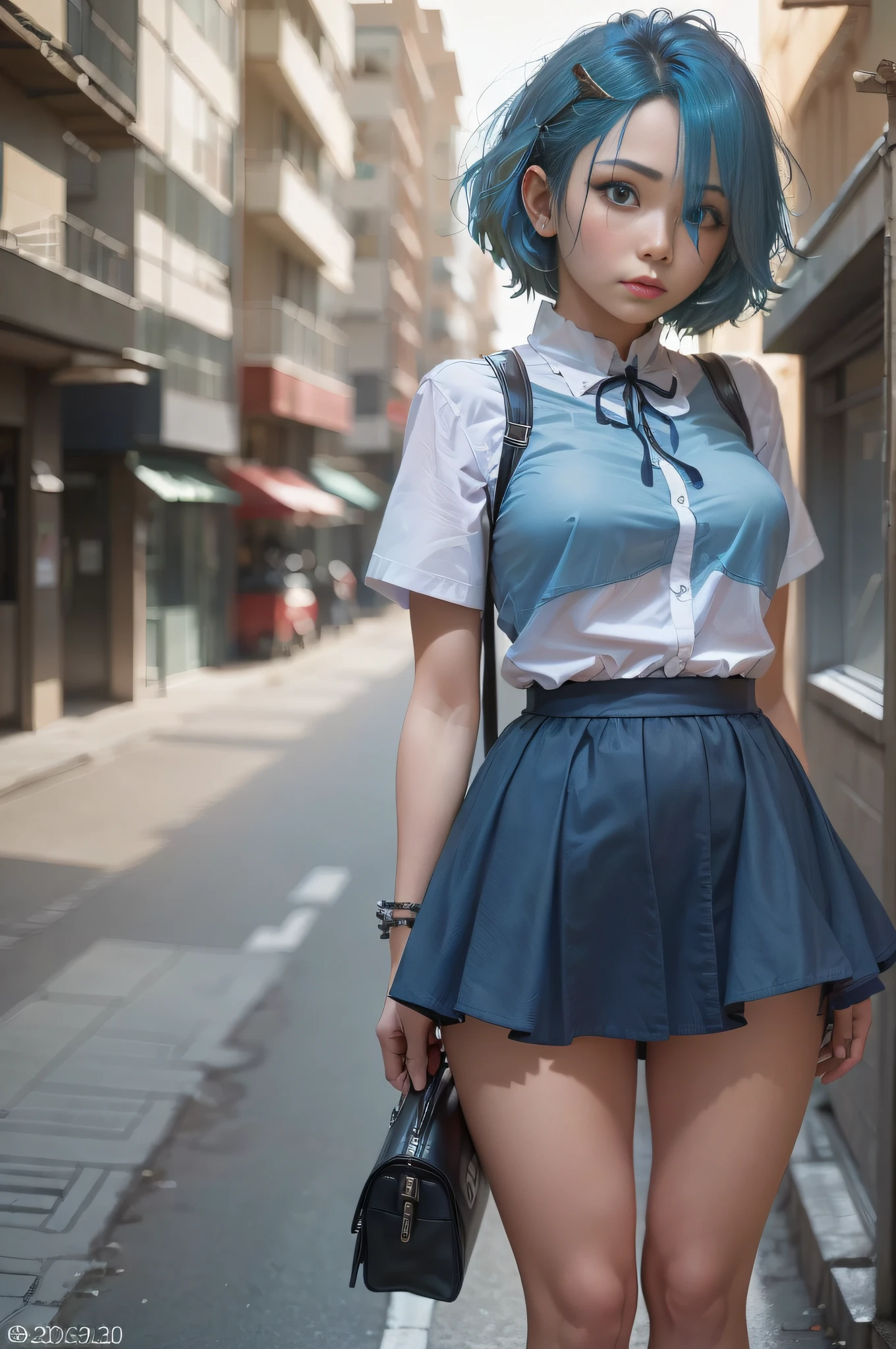 (hay una chica parada sola en una calle.),(secundaria sexy ,falda escolar muy corta y gótica,camisa escolar de manga corta con frente abierto),(desde abajo:1.5),(NSFW:1.2), (8k, Fotografía cruda, mejor calidad, Obra maestra: 1.4), (Ultra Alta Definición), (Realista, Fotorrealista: 1.48),( 20 años, Niña bonita),Actor famoso de Japón., (pelo azul:1.4), cabello corto, (pelo sobre un ojo:1.3), Blue eyes, inclinación de cabeza, Zeiss 150mm F/ 2.8Hasselblad, cuerpo completo, pie, Ultra gran angular