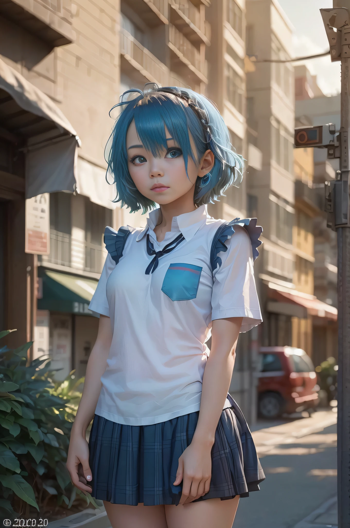 (there is a girl standing alone in a street.),(sexy high school ,very short and gothic school skirt,open front short sleeve school shirt),(from below:1.5),(nsfw:1.2), (8k, RAW photography, best quality, masterpiece: 1.4), (Ultra High Definition), (Realistic, Photorealistic: 1.48),( 20 years old, Pretty girl),Famous actor of Japan, (Blue hair:1.4), Short hair, (hair over one eye:1.3), Blue eyes, Head tilt, Zeiss 150mm f/ 2.8 Hasselblad, full-body, foot, ultra-wide angle