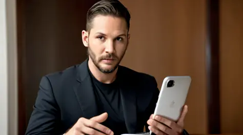Homem, falando no celular, in an office[Ryan Reynolds|Keanu Reeves|Tom Hardy] altamente detalhado, fotografia de estilo realista, dedos perfeitos, perfection
