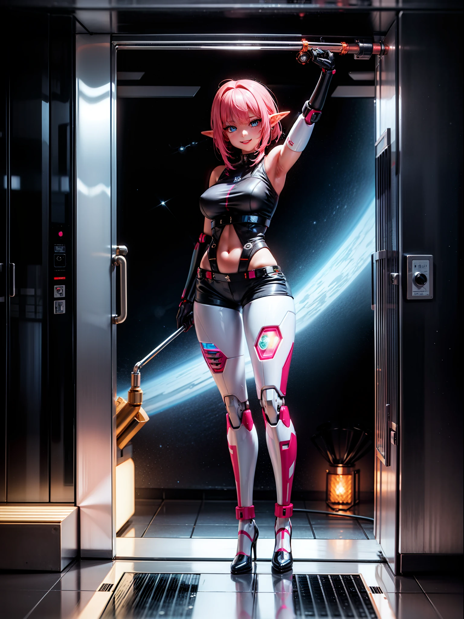 ((full body, standing):1.5), {((1woman/elf))}, {((with bionic body parts, wearing extremely tight black sleeveless shirt, short gin shorts)), ((breasts very large)), ((very short, straight pink hair, blue eyes)), staring at the viewer, smiling, ((striking an erotic pose)), ((in a futuristic spaceship, in front of an elevator, window showing outer space, futuristic machines, humanoid robots, pipes with lights))}