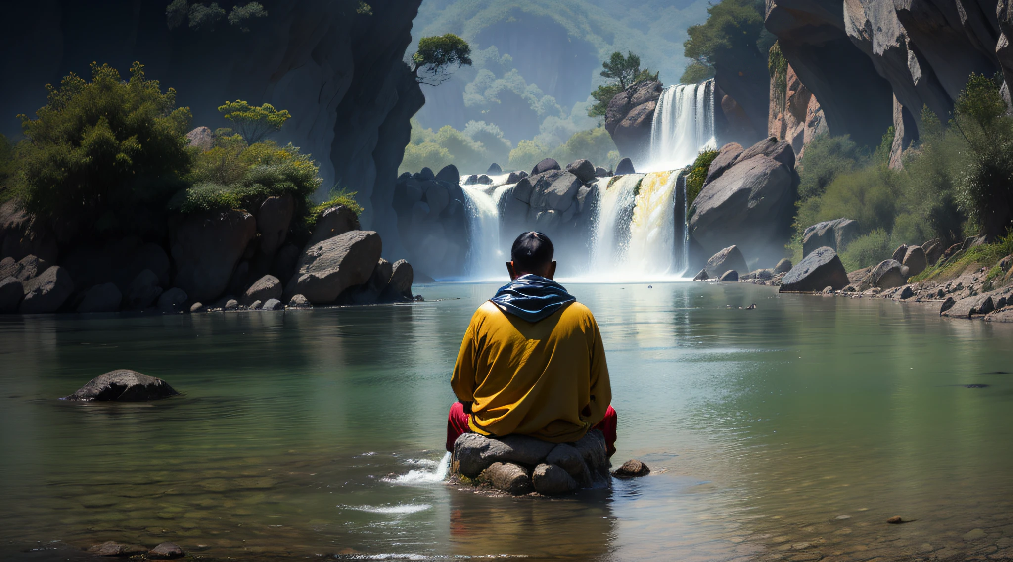 Monges, meditando, montanhas, china, cachoeira, paz, tranquilidade, imagem realista, award-winning image.