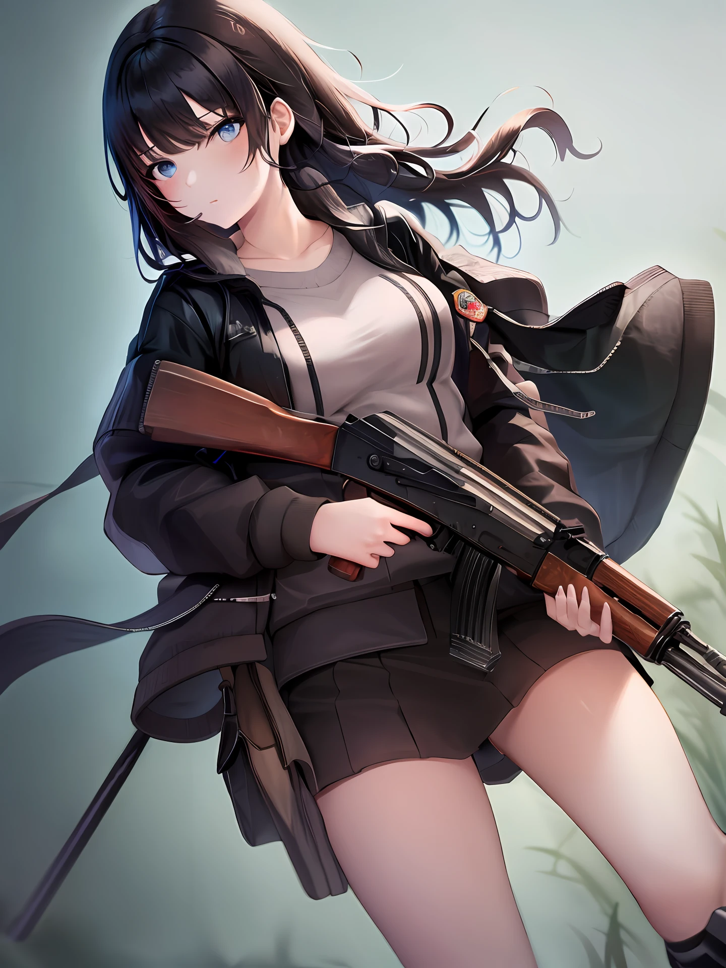 masterpiece, best quality, high resolution, 1girl, solo, black_hair, blue_eyes, jacket, holding gun, , akm, assault rifle, kalashnikov rifle, trigger_discipline, low-ready