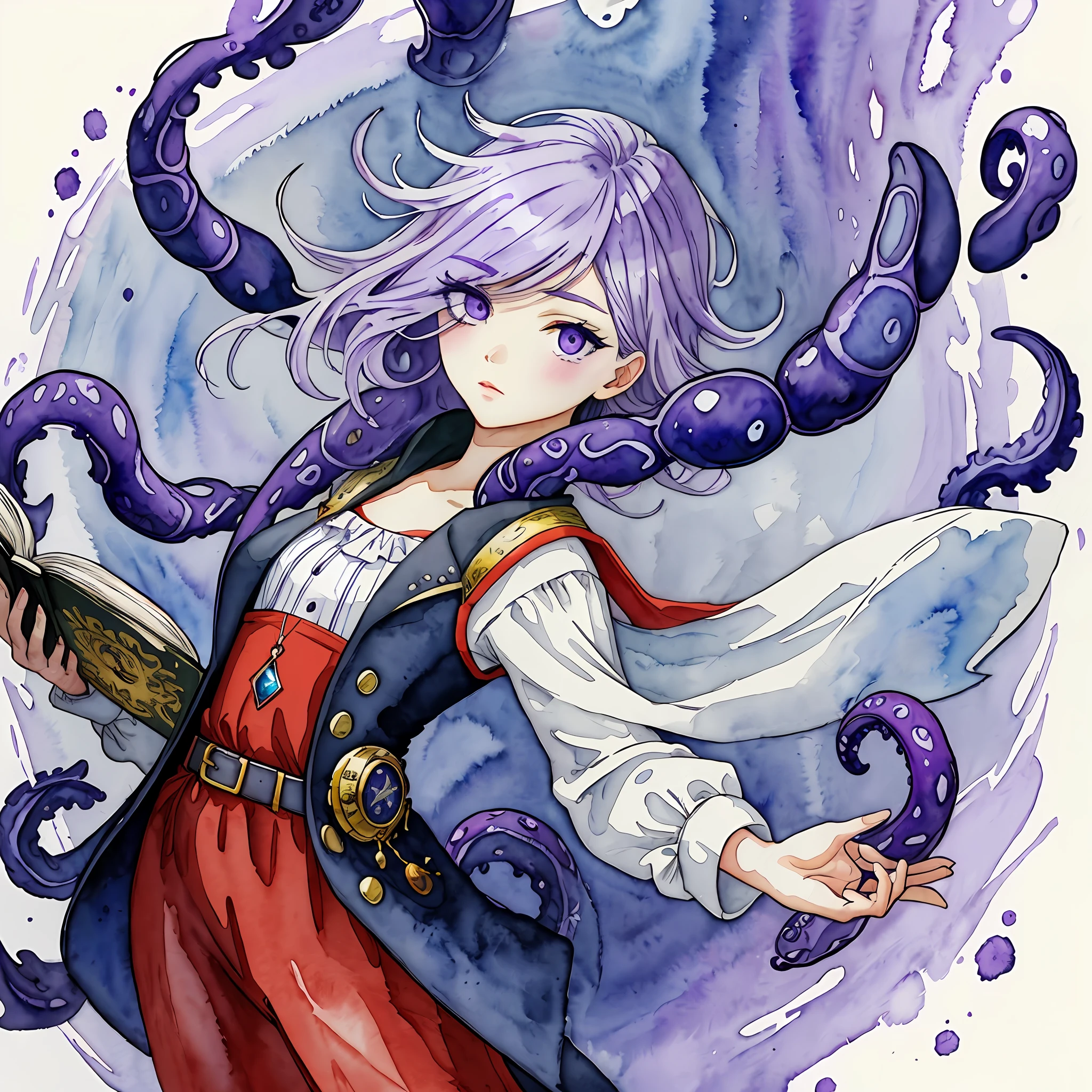 Amaranthine Pocket Watcher, grey-violet round body, violet slitted eye, vivid violet tentacles, floating amist books, masterpiece, best quality, (in watercolor painting style)