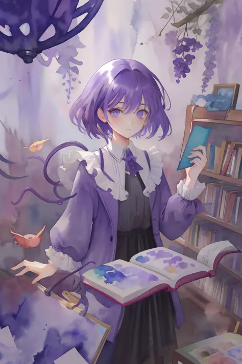 amaranthine pocket watcher, grey-violet round body, violet slitted eye, vivid violet tentacles, floating amidst books, masterpie...