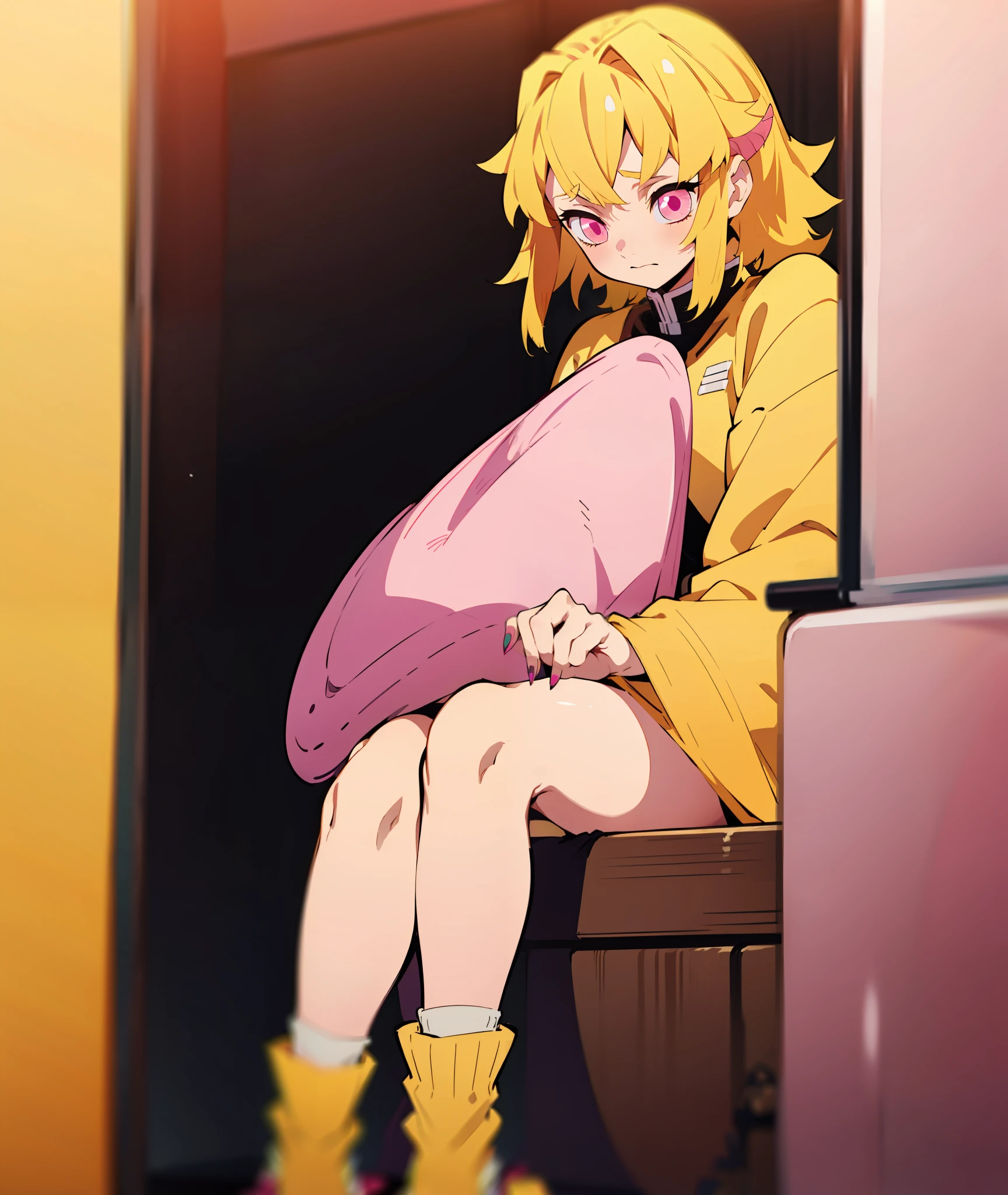 1girl, yellow hair, pink eyes, demon slayer uniform, pink and yellow socks, shy, nervous, yellow and pink haori, pink nails