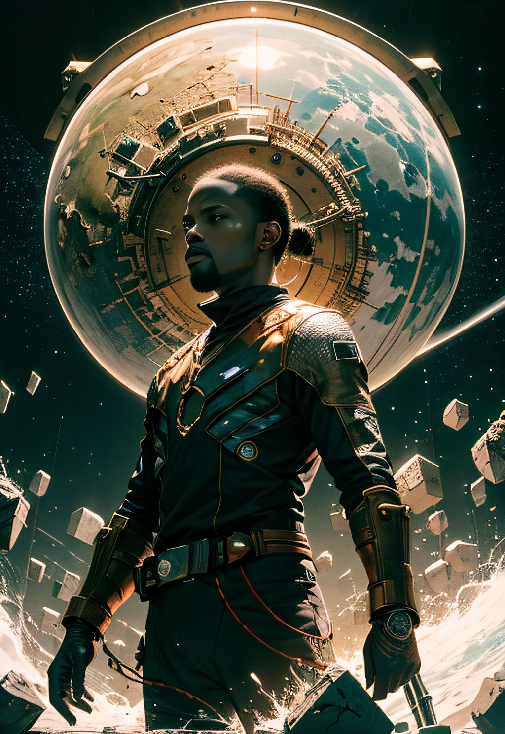 a man coming out of a spaceship like the one in Starwars, Black man, negroid, holding a mechanical sphere with floating glowing cubes, the sphere has some glowing lines. the cubes are radiating energy. the man is commanding the sphere, the man is a scientist. Hyper realistic, Photography, Picture of the week, RAW, beautiful, (finely detailed skin), African skin, delivery driver, standing next to DHL stargate, imechanical futuristic uniform, glowing Clouds in the background, lightning, extremely detailed,colorful,highest detailed, (dynamic pose), shiny skin, zentangle, flowers, abstract background,(masterpiece) (perfect proportion)(realistic photo)(best quality) (detailed) photographed on a Canon EOS R5, 50mm lens, F/2.8, HDR, (8k) (wallpaper) (cinematic lighting) (dramatic lighting) (sharp focus) (intricate)