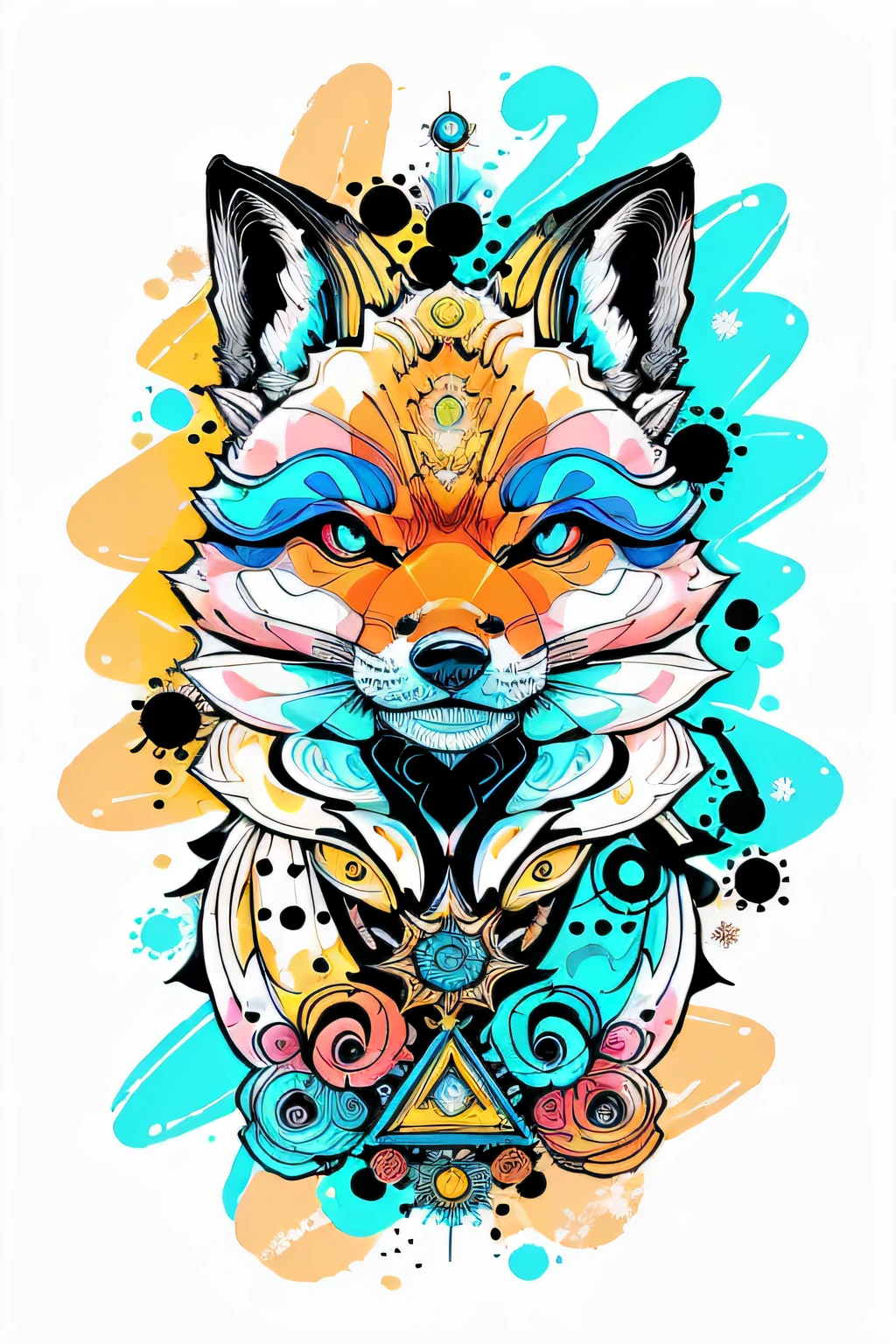 in the style of 0mib, adorable japanese fox, prismatic shards, reflecting fractal circles, ink spatter, melting brush strokes, particles vortex, dramatic lighting, high quality, beautiful, masterpiece