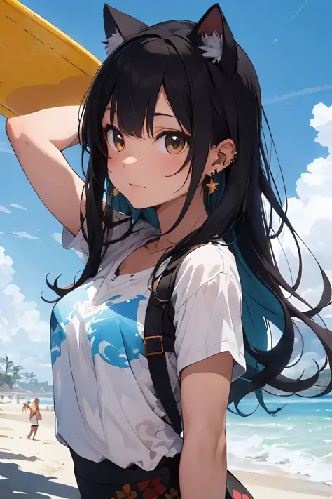 (Masterpiece: 1.2, highest quality), (Cat Ear Lady, Solo, Upper Body: 1.2), Clothing: Flowing, Bohemian, Colorful Print, Appearance: Long Wavy Hair, Natural Makeup, Multiple Ear Piercings, Behavior: Bohemian, Spontaneous, Sociable, Location: Beach Town, Tr...