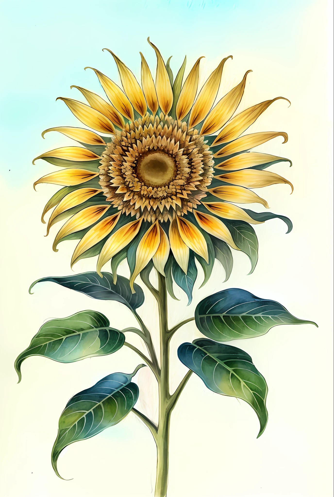( watercolor \(half\), drawing, beautiful sunflower.