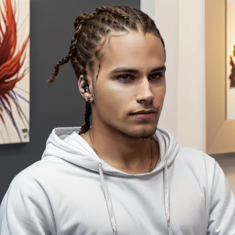 male with blond cornrows, white hoodie, art gallery, photo realistic