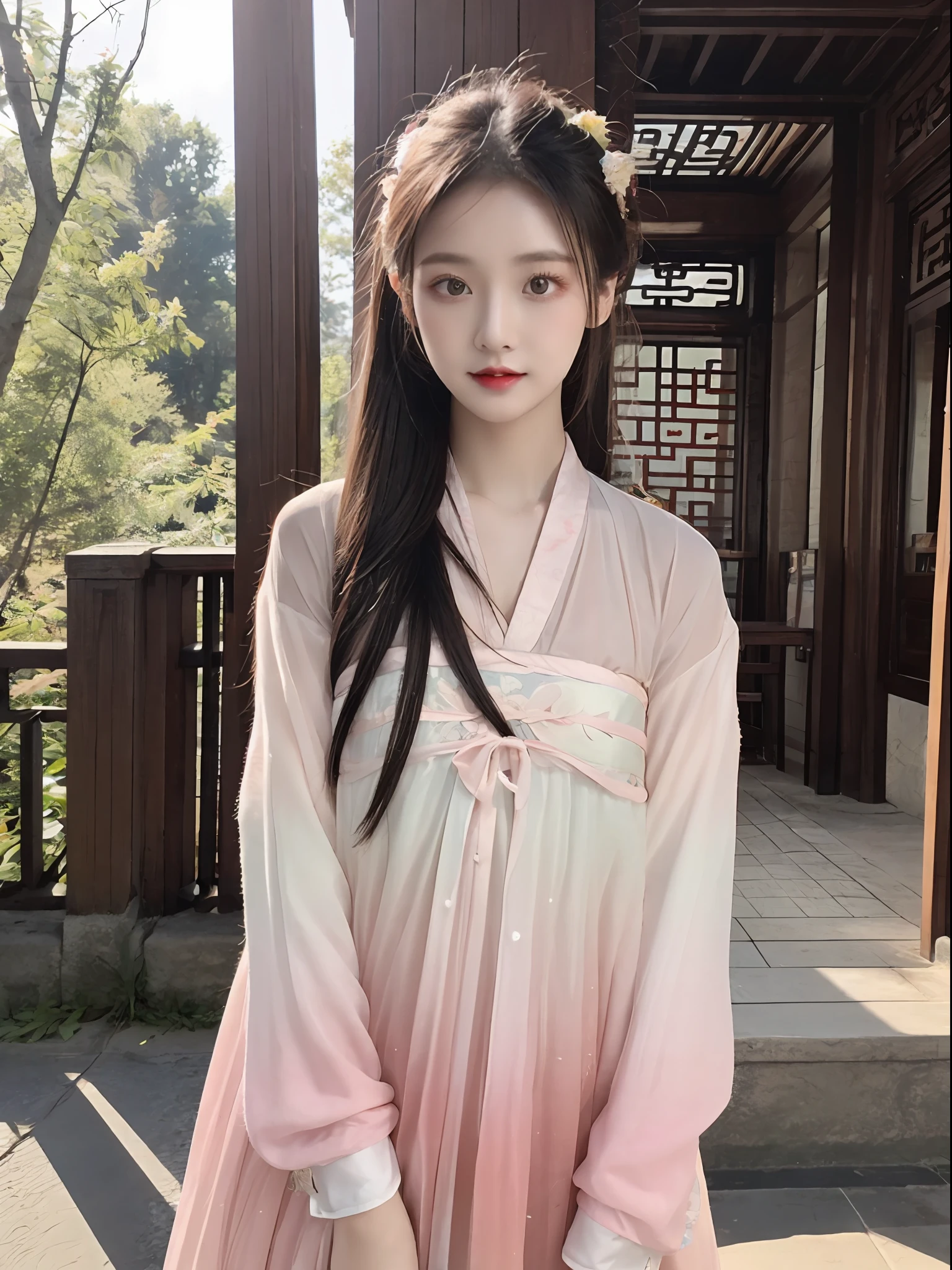 (best qualtiy,8K,tmasterpiece)，real photograph，Realiy，A Chinese woman，(Light pink gradient Chinese Tang dynasty Hanfu:1.2)，(half-body shots)，(Long black hair)，Exposing thighs，Skinny and small，beautidful eyes，Super detailed face，Beautiful woman，tight-fitting，Bigchest，Teenage uncensored，cute female child,Glowing skin,softlighting，Face lighting，20yr old，outside，Chinese town，Stone bridge，small stream，the street，(Positive light,Front light:1.2)，Sharpen，Solo,see-through transparent clothes,Chiffon,Printing，Chinese style