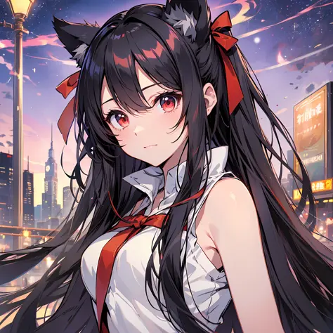 ((Best Quality, 8K)) (((White and red sleeveless dress)))++ Anime girl with sleeveless small breasts long hair black hair and animal ears  Rin Tosaka, anime moe art style, anime style like Fate/stay night, anime girl with long hair, very cute anime girl fa...