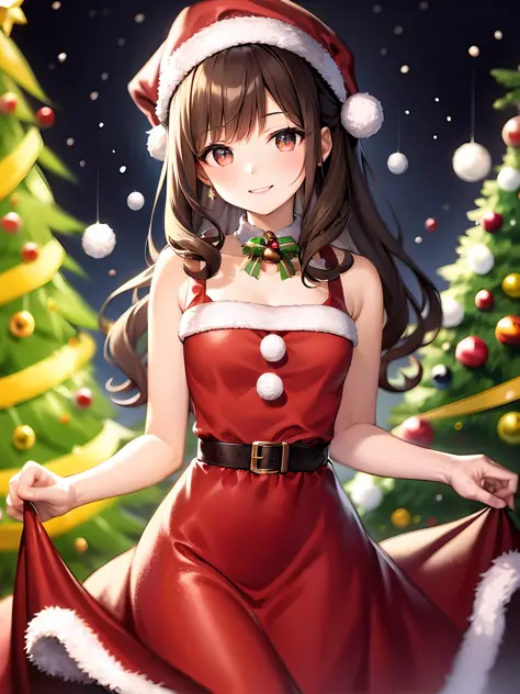 masterpiece, best quality, christmas_dress, little_smile, solo, brown hair, curly hair, hazel eyes