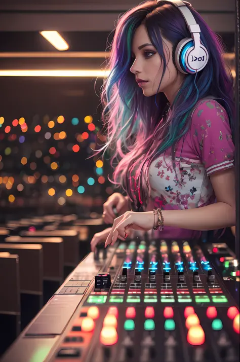 upper body,  female dj, colorful clothes , quirky, vibrant appearance,  playful accessories, creative behavior, imaginative, sen...