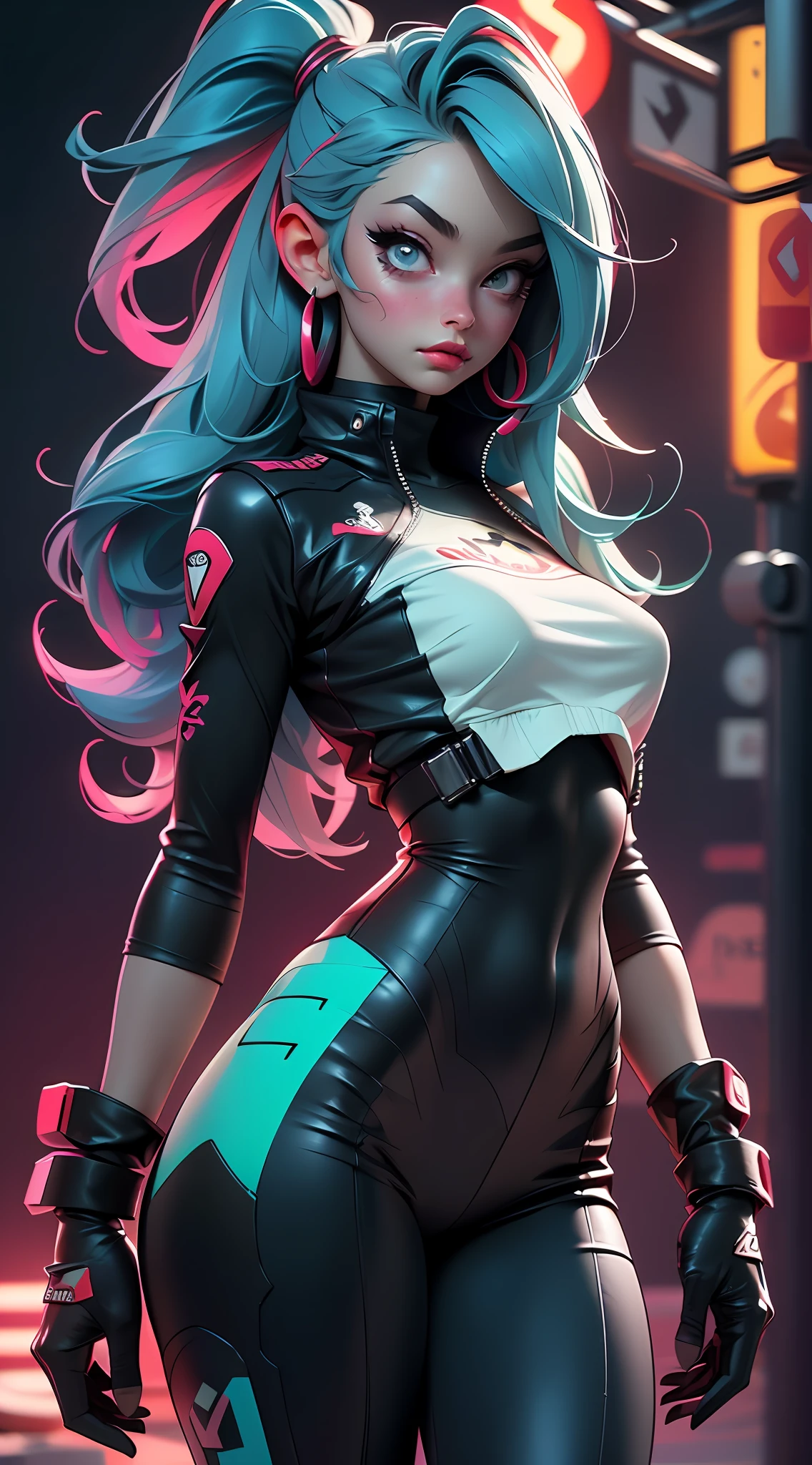 ((best qualityer)), ((Masterpiece artwork)), ((realisitic)) and ultra-detailed photograph of a 1nerd girl with gothic and neon colors. complete body, She has large ((turquoise hair)), use a (top tech-wear) and a (black thong, red pattern:1.2) , ((handsome and aesthetic)), sexly, under-breasts, Panas, fully body