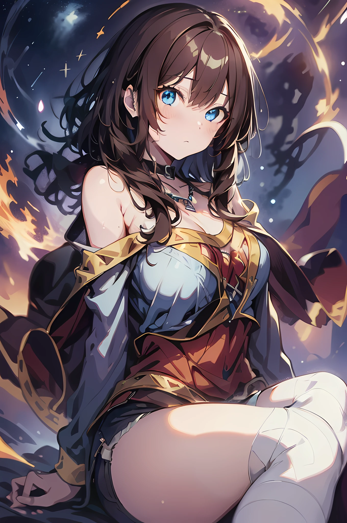 1girl, (solo:1.2), ((masterpiece)), [slim], (large breasts:1.27), (pale skin:1.3), ((detailed blue eyes)), (bokeh effect), (dynamic angle), dynamic pose, big ben background, starry brown eyes, chestnut with wavy hair, (white bare shoulder silk tops and a shorts:1.3), necklace, ring earing, sitting, arms down, hands between legs, fire, magic scene, rune, fire magic, splash playing fire ball background,