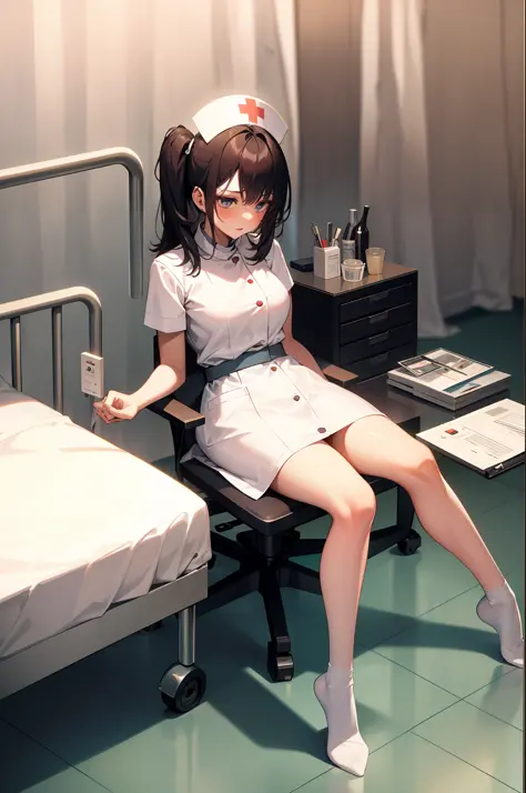 infirmary, curtains, 1girl, nurse, white dress,, masterpiece, best quality, highly detailed