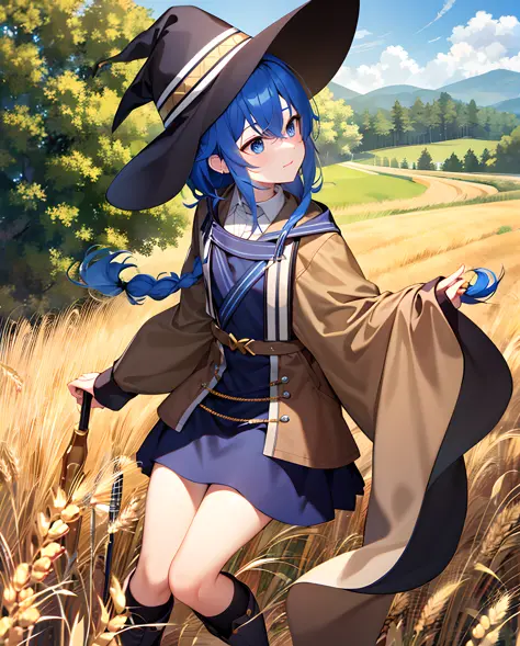 best qualtiy，tmasterpiece，Wizard's Hat，blue  hair，By bangs，pigtails，Boots，Wheat，Squint