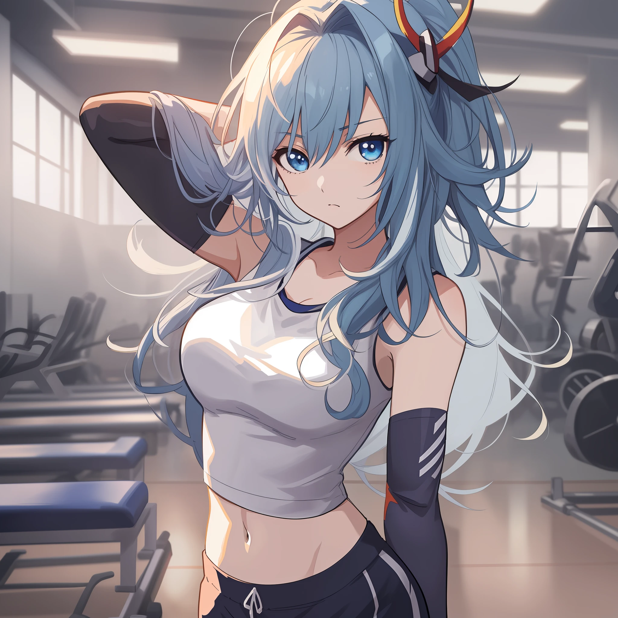 anime Frau with blue hair and a white top posing in a gym, eine Anime-Zeichnung von Shitao, pixiv, autodestruktive Kunst, Anime-Stil 4k, seductive anime Frau, Badass-Anime 8 K, bestes Anime 4k Konachan-Hintergrundbild, mikudayo, Trends auf Artstation Pixiv, (anime Frau), Anime-Kunst-Tapete 8 K, Nightcore