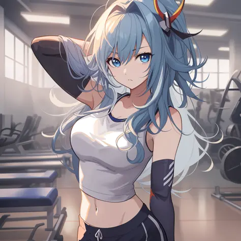 anime girl with blue hair and a white top posing in a gym, an anime drawing by Shitao, pixiv, auto-destructive art, anime style ...