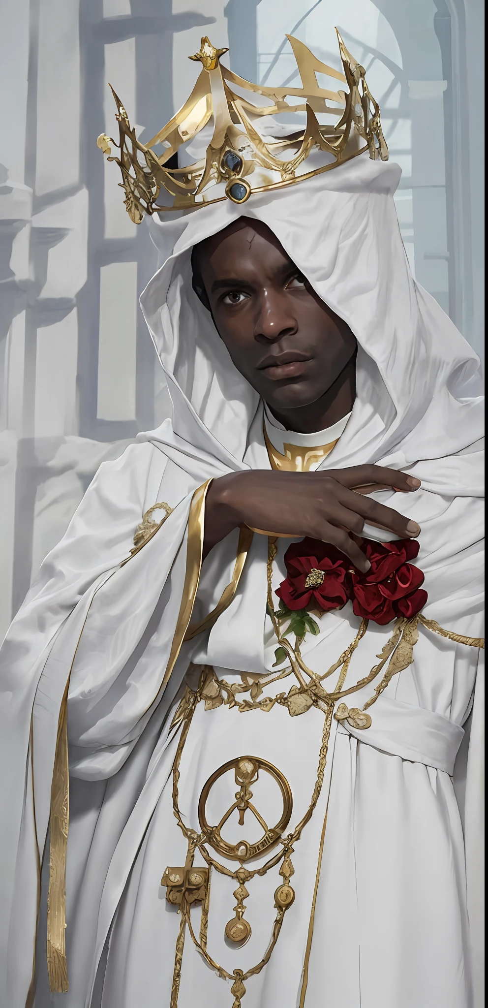 there is a dark skinned man dressed in a white dress and a crown, white and gold priest robes, ((a beautiful fantasy emperor)), dressed as an oracle, inspired by Ren Renfa, white robe with gold accents, cinematic goddess close shot, ((wearing aristocrat robe)), golden-white robes, intricate white and gold armor, god