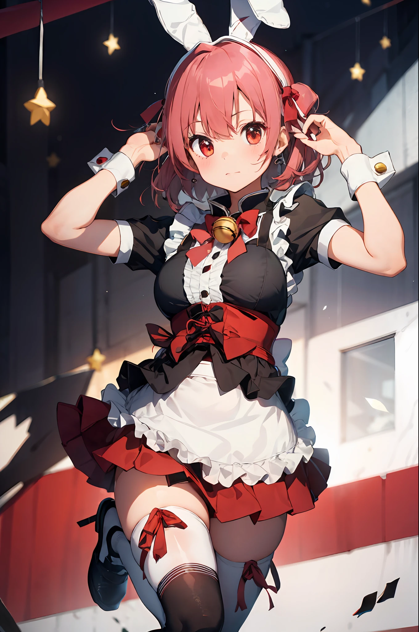 absurdres, best quality, 1girl, solo, pink hair, black eyes, long hair, large breasts,  ahBunny, rabbit ears, red corset, gakuran, apron, red neck ribbon, red skirt, hair bow, short sleeves, wrist cuffs , white thighhighs, jingle bell